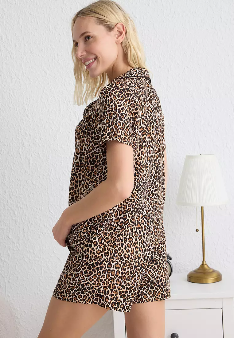 Leopard Ribbon/Bow And Piping Detail Woven Pajama Set With Shorts