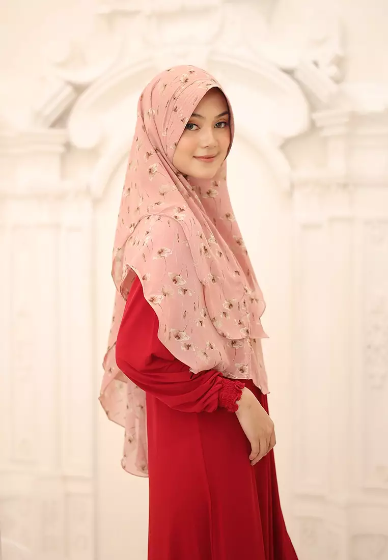 Fayra Khimar Motif Bergo | Hijab Motif Instan -  Blush Bloom