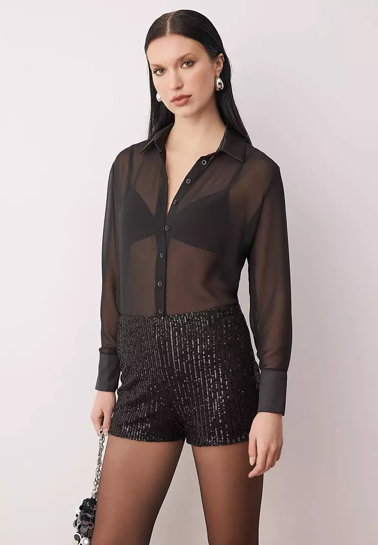 Black Extra/Super Mini Knitted Sequin Shorts Tpraw26Sr6