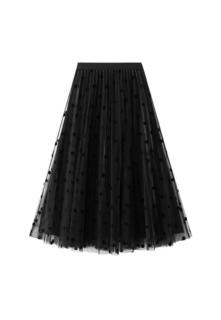 Maxi Black Cotton Mesh Skirt / Long Black Polka Dots Skirt