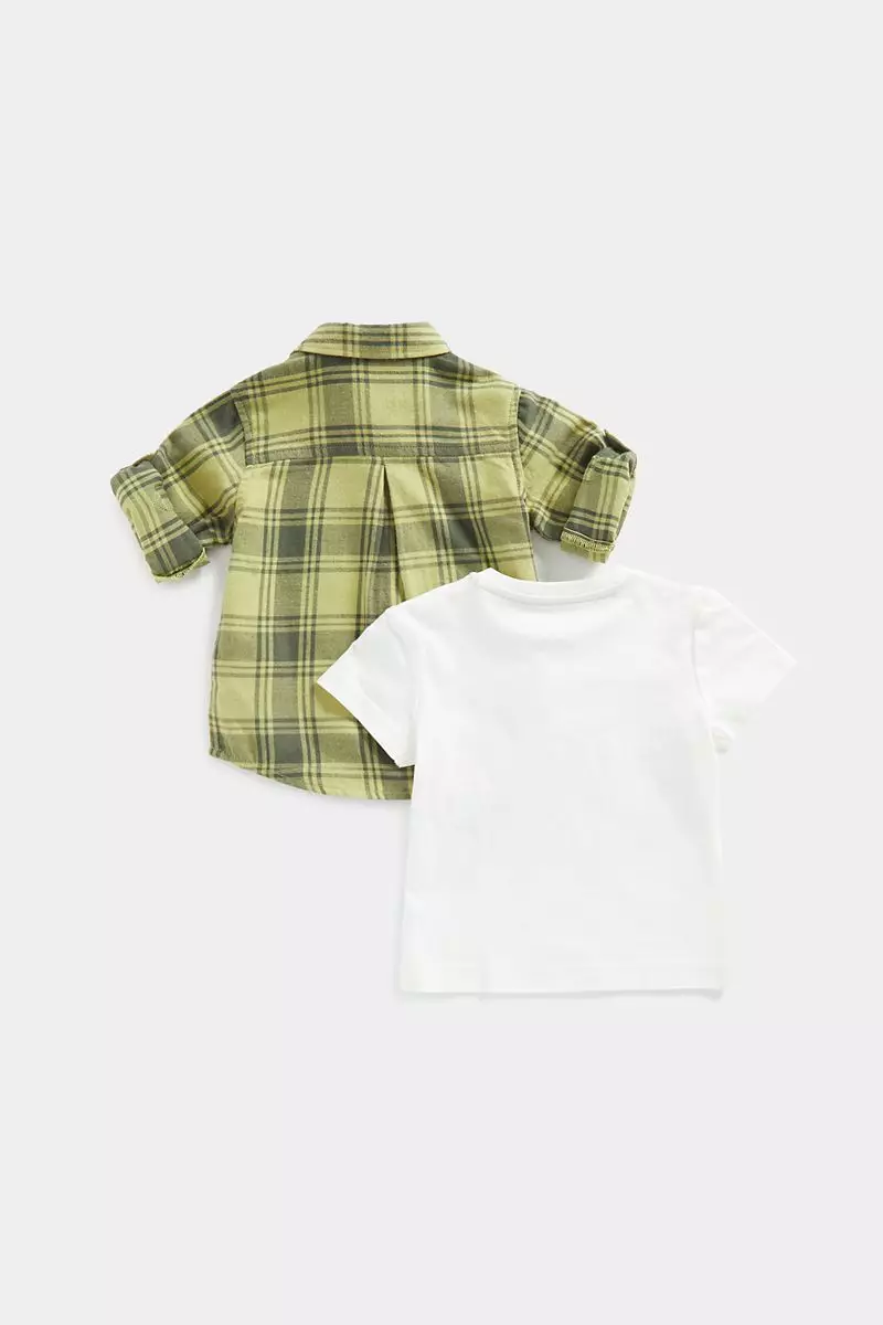Mothercare Checked Shirt and Dino T-Shirt Set - Set Kaos & Kemeja Bayi Laki-laki (Hijau)