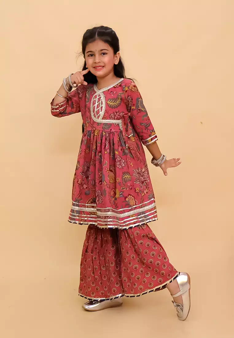 The Mom Store Aangan Aabha Block Print Girls Anarkali Sharara Set - Multi
