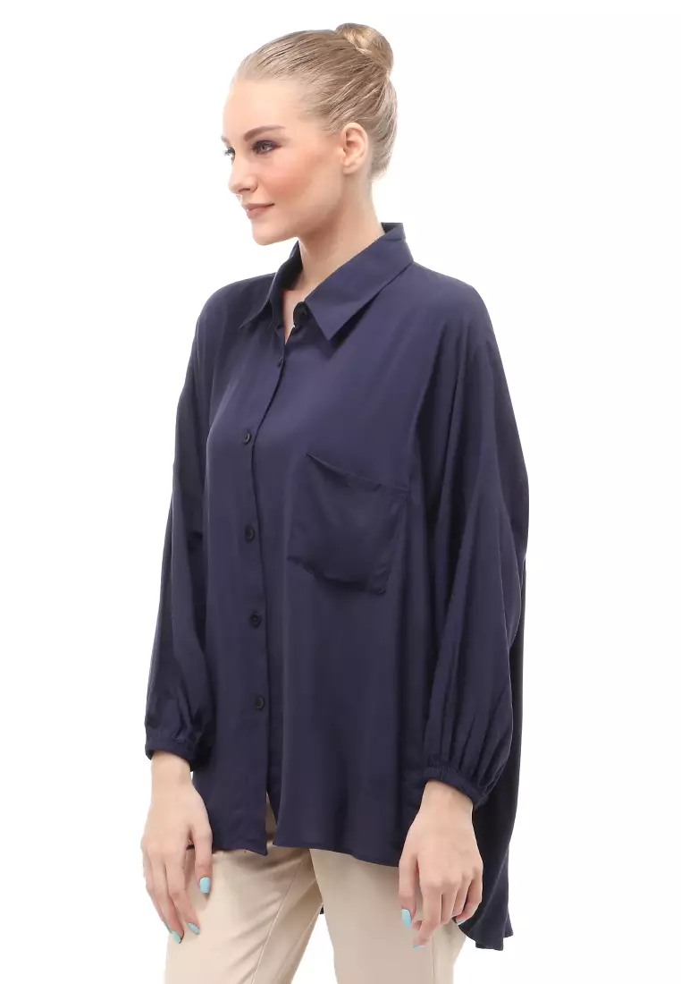 Kemeja Oversize Lengan Puff Front Button Opening Motif Solid Regular Fit - Navy