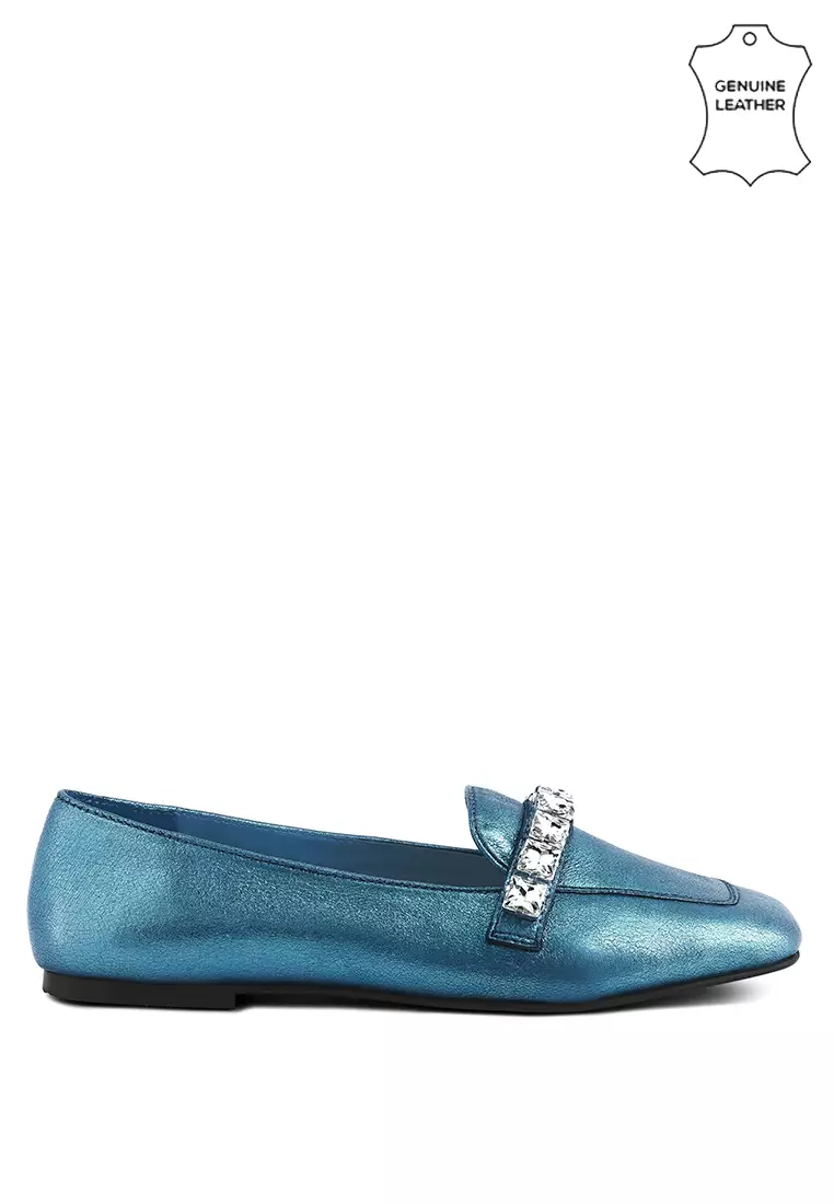 Discount on Rag & Co.  shoes - SKU: Blue Metallic Diamante Leather Loafers