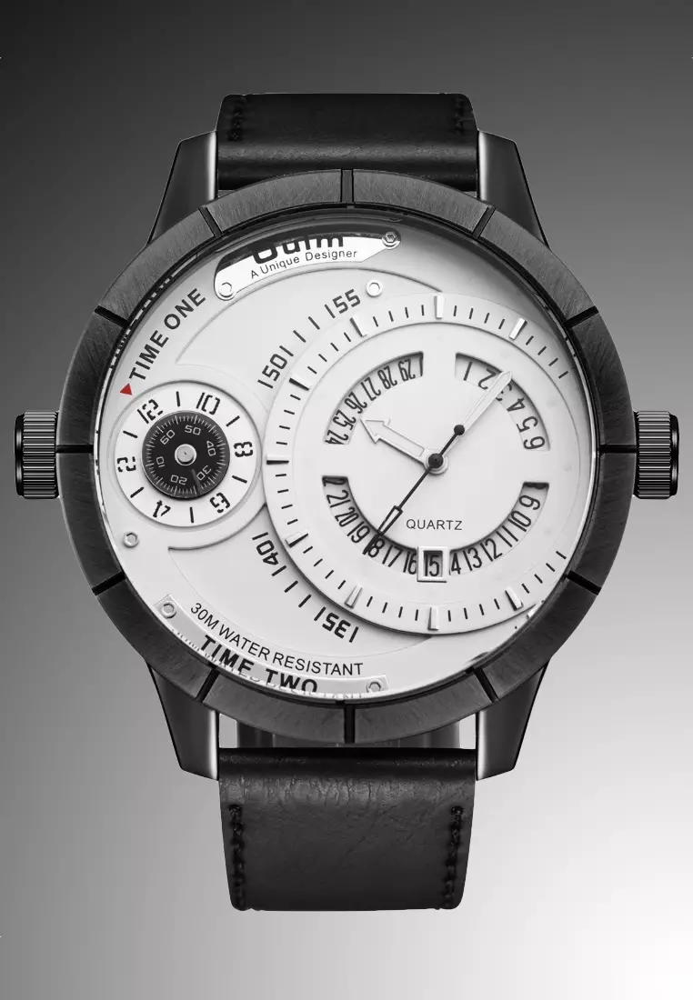 Very Large Men's Quartz Watch - 52x52mm - IP Black Steel case, White Dial, Black Strap