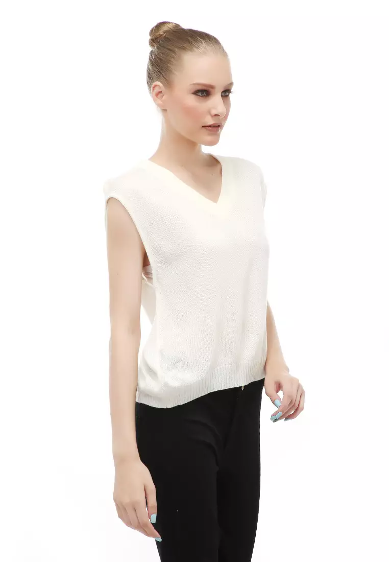 Vest Knit Atasan Wanita Sleeves Kerah V-neck Design Simple - White