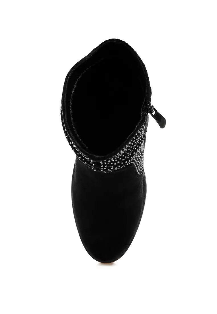 Rhinestone Studded Slouchy Ankle Boots In Black