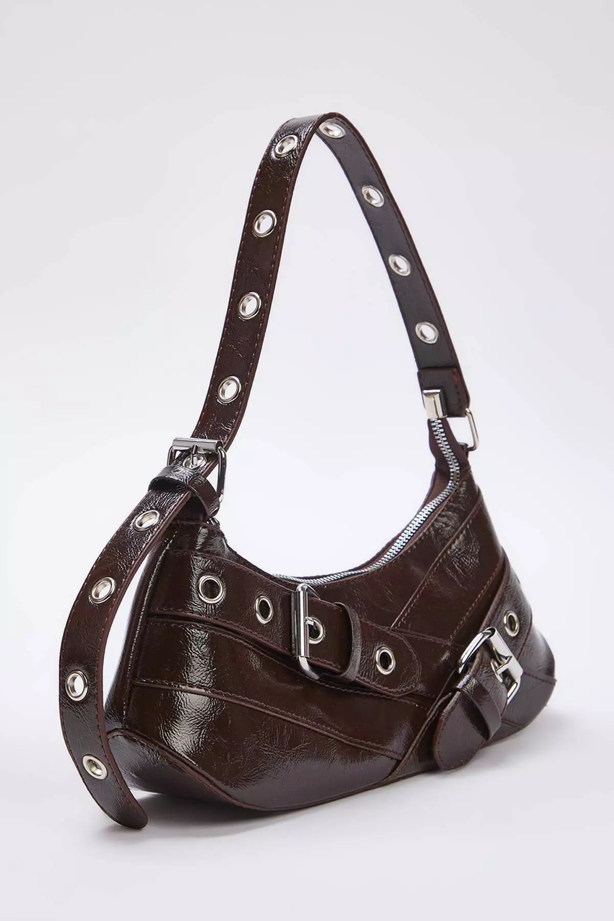 Dark Brown Eyelet Belt Buckle Detailed Medium Size Women'S Baguette Shoulder Bag Takss25Oc00069