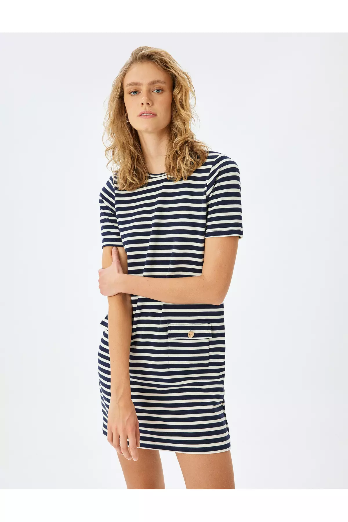 Modal Fabric Blended Crew Neck Short Sleeve Striped Mini Dress