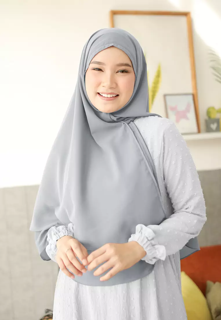 Anya Instan | Hijab Instan Resleting | Bergo Khimar Kerudung 2 Layer  - Metallic Grey