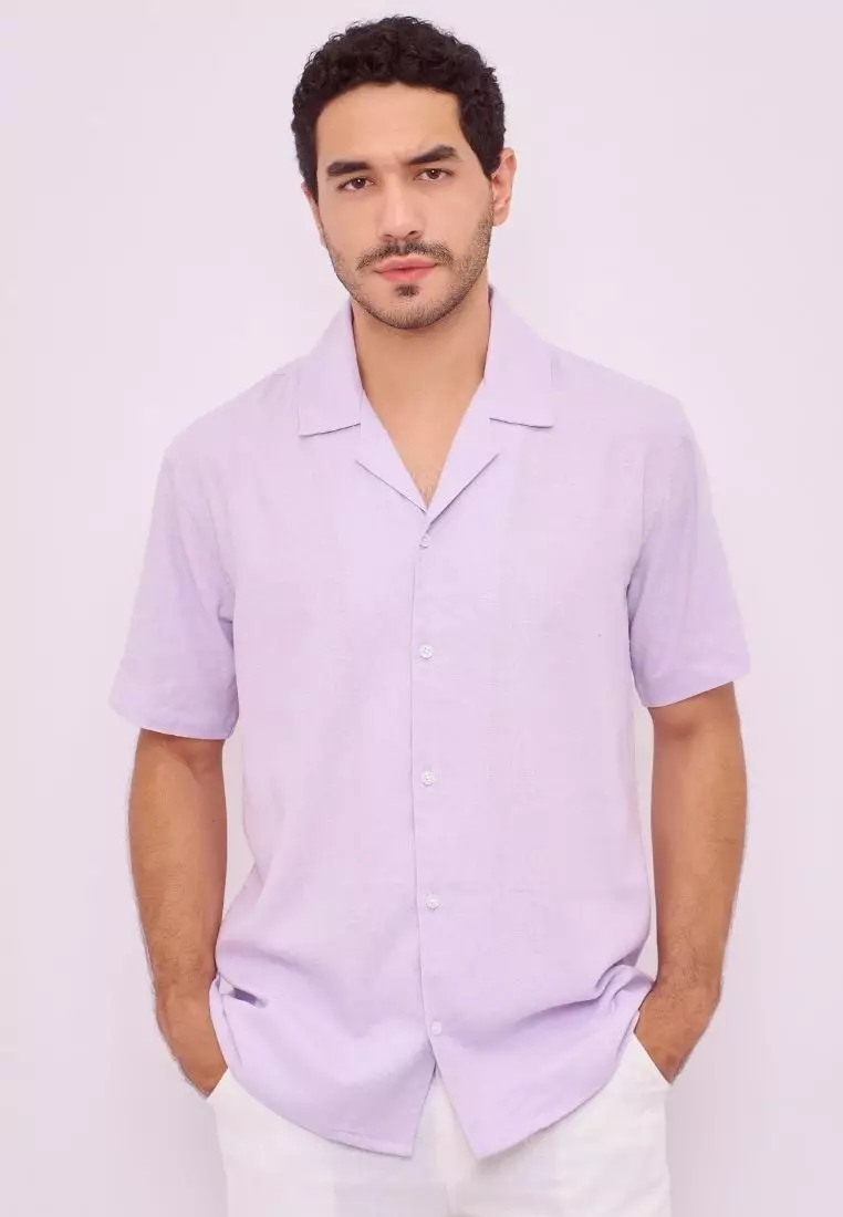 Acadia Kemeja Linen Lengan Pendek Pria Ungu Muda | Linen Short Sleeve Shirt Men Lilac
