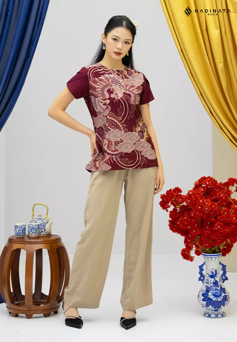 Hadinata Batik Premium Blouse Batik Wanita Lengan Pendek Superfine Bhawana Maroon