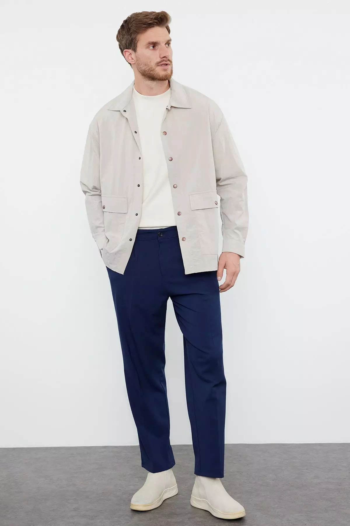 Navy Blue Pleated Classic Baggy Fit Fabric Trousers TMNSS24PL00024