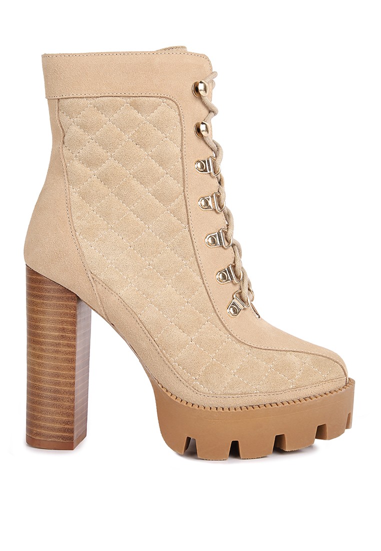 Beige Fine Suede Quilted Ankle Boots
