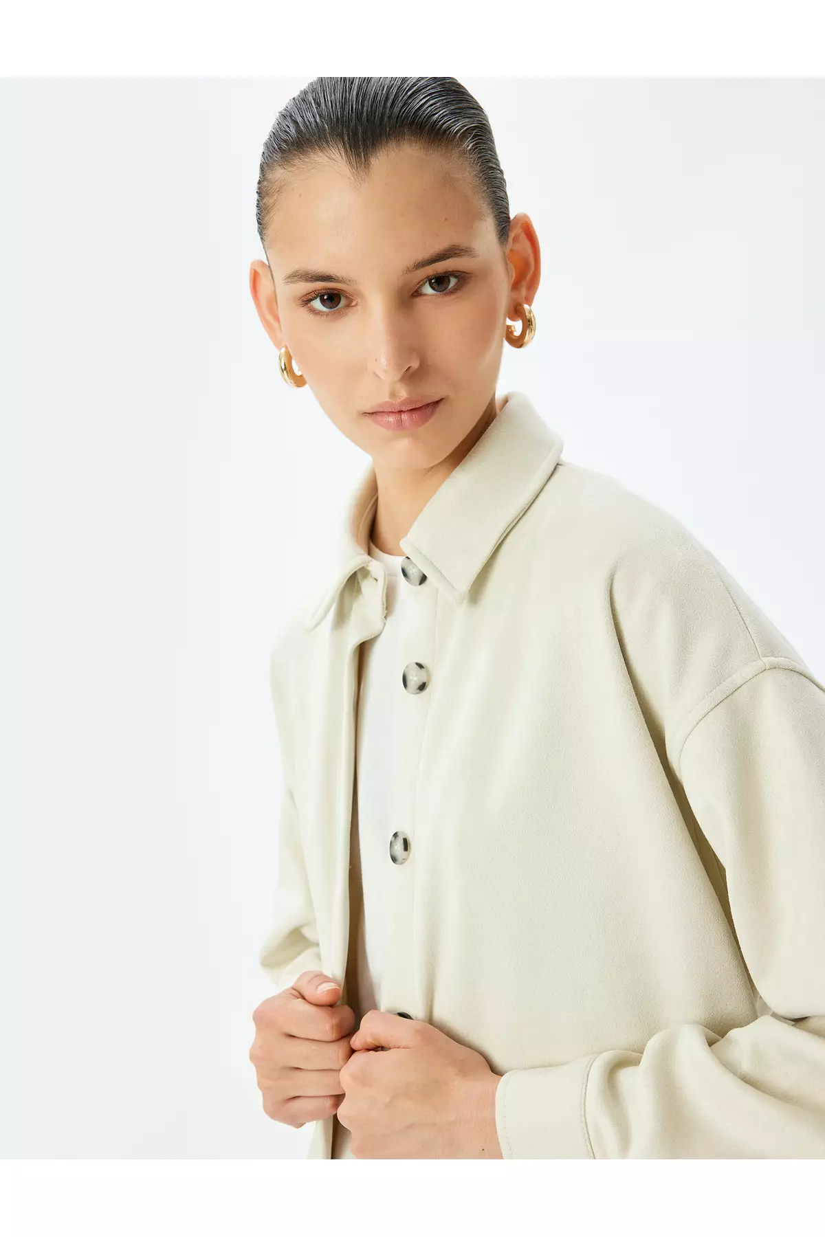 鈕扣長袖仿麂皮恤衫外套