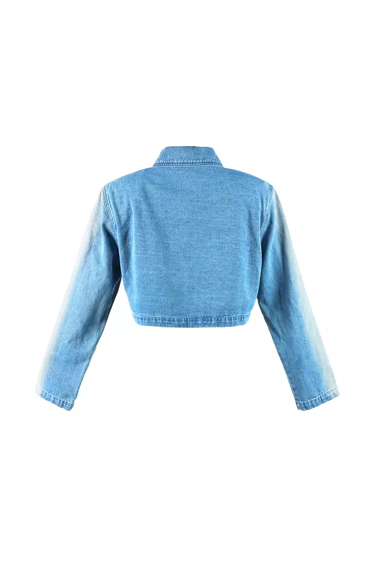 中蓝色纯色垫肩牛仔夹克