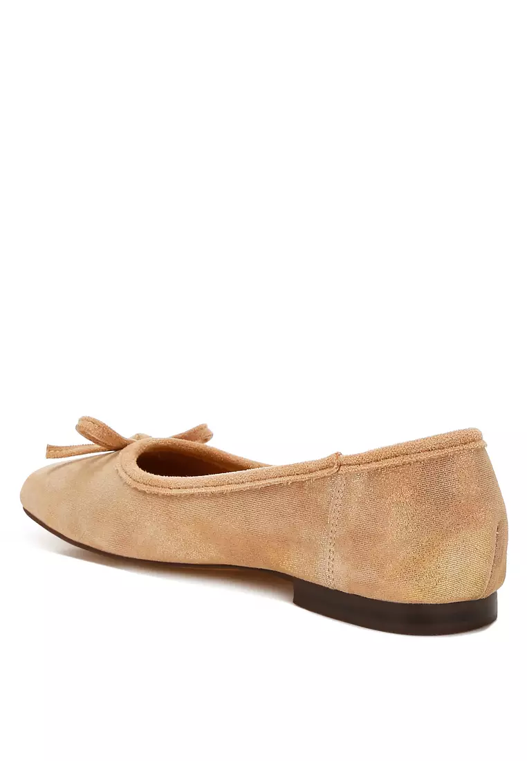 Beige Suede Bow Embellished Ballerinas