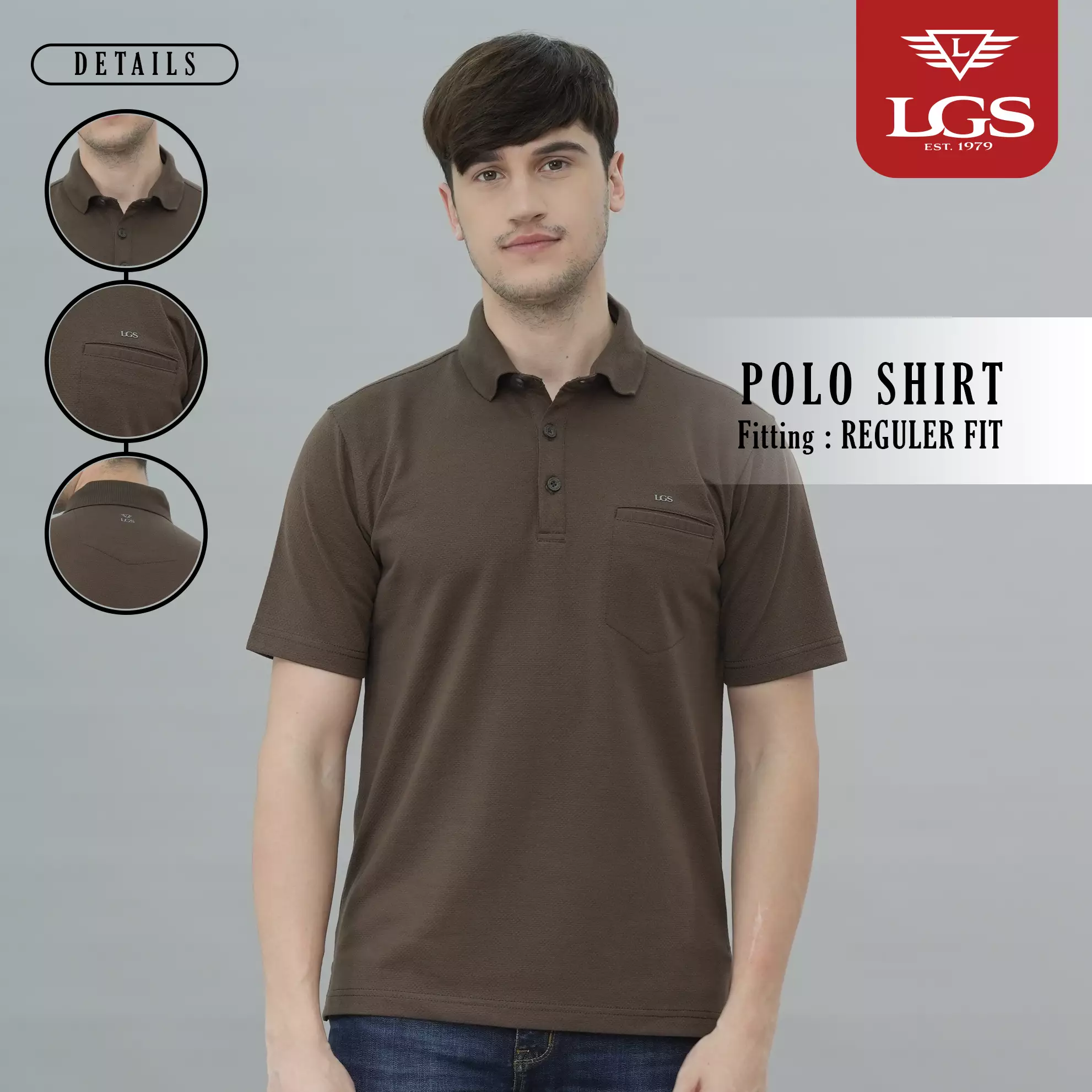 LGS - Kaos Polo Casual Pria - Katun Premium - Shirt Lengan Pendek - Motif Polos Basic - Bertekstur Popcorn - Coklat - CWS.225.J3412.01.C