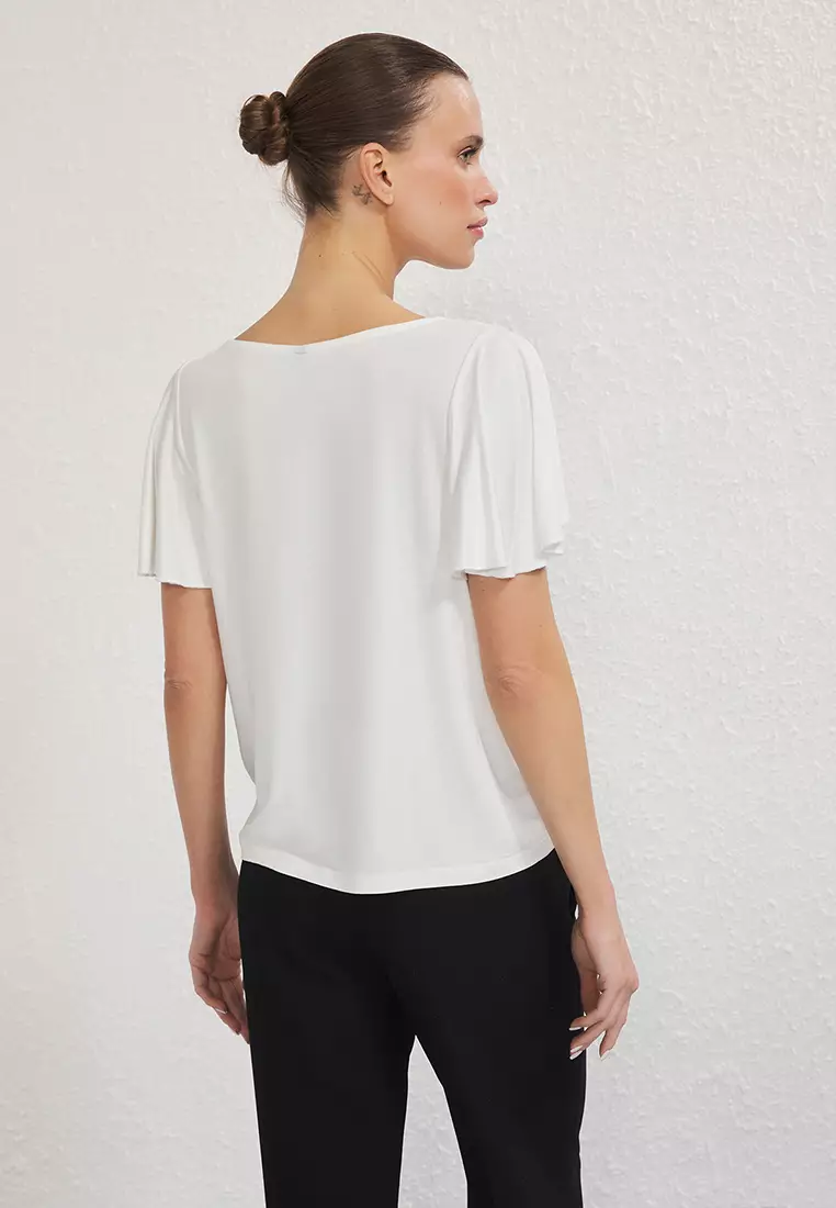 Ecru Viscose Contents Handles Ruffled Flowy Knitted Blouse TWOSS25BZ00516