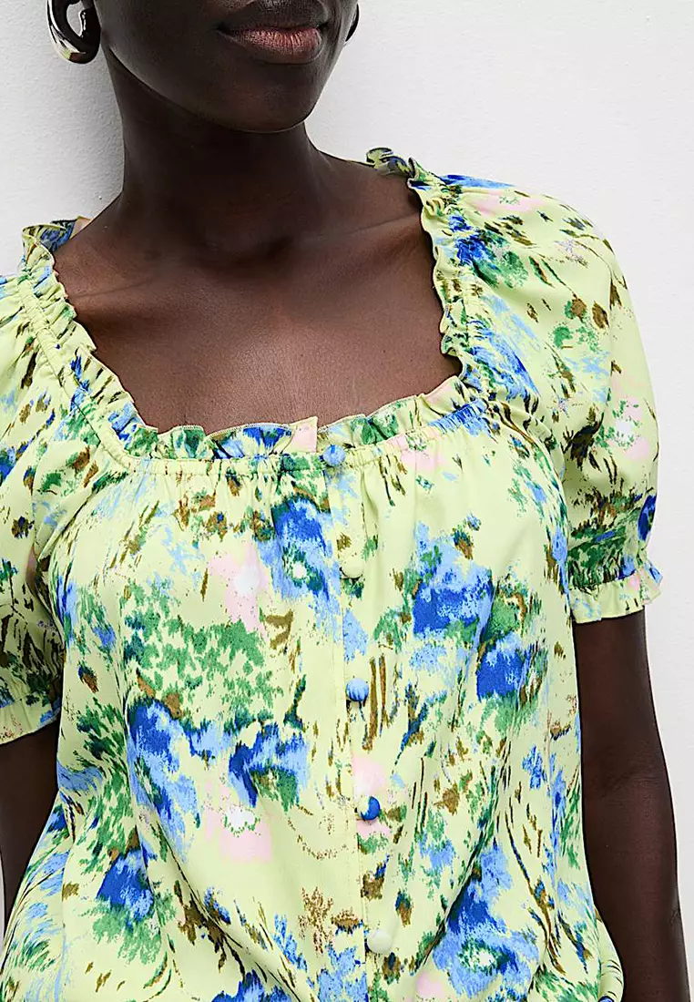 Floral Button Through Puff Sleeve Top