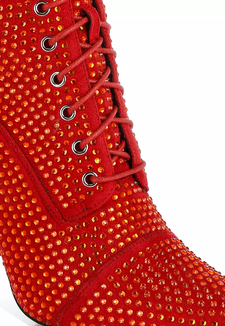 Rhinestones Embellished Calf Boots in Red