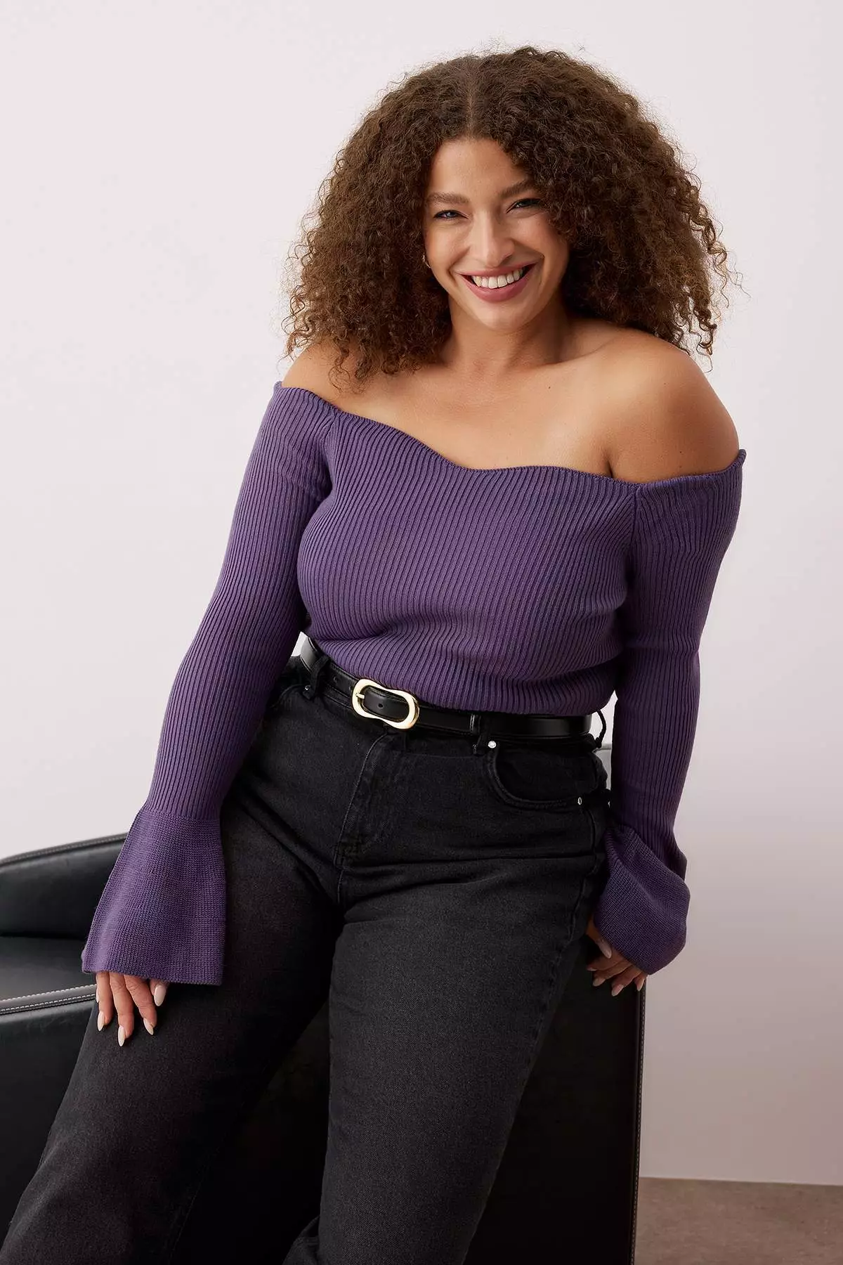 Purple Ribbed Carmen Collar Sweater Sweater Tbbaw26An00031