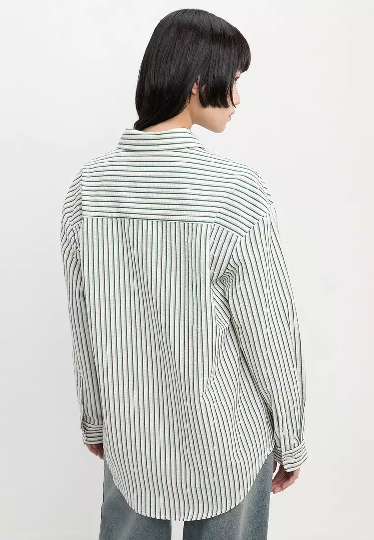 Oversized Striped Button Down Shirt - Dark Green