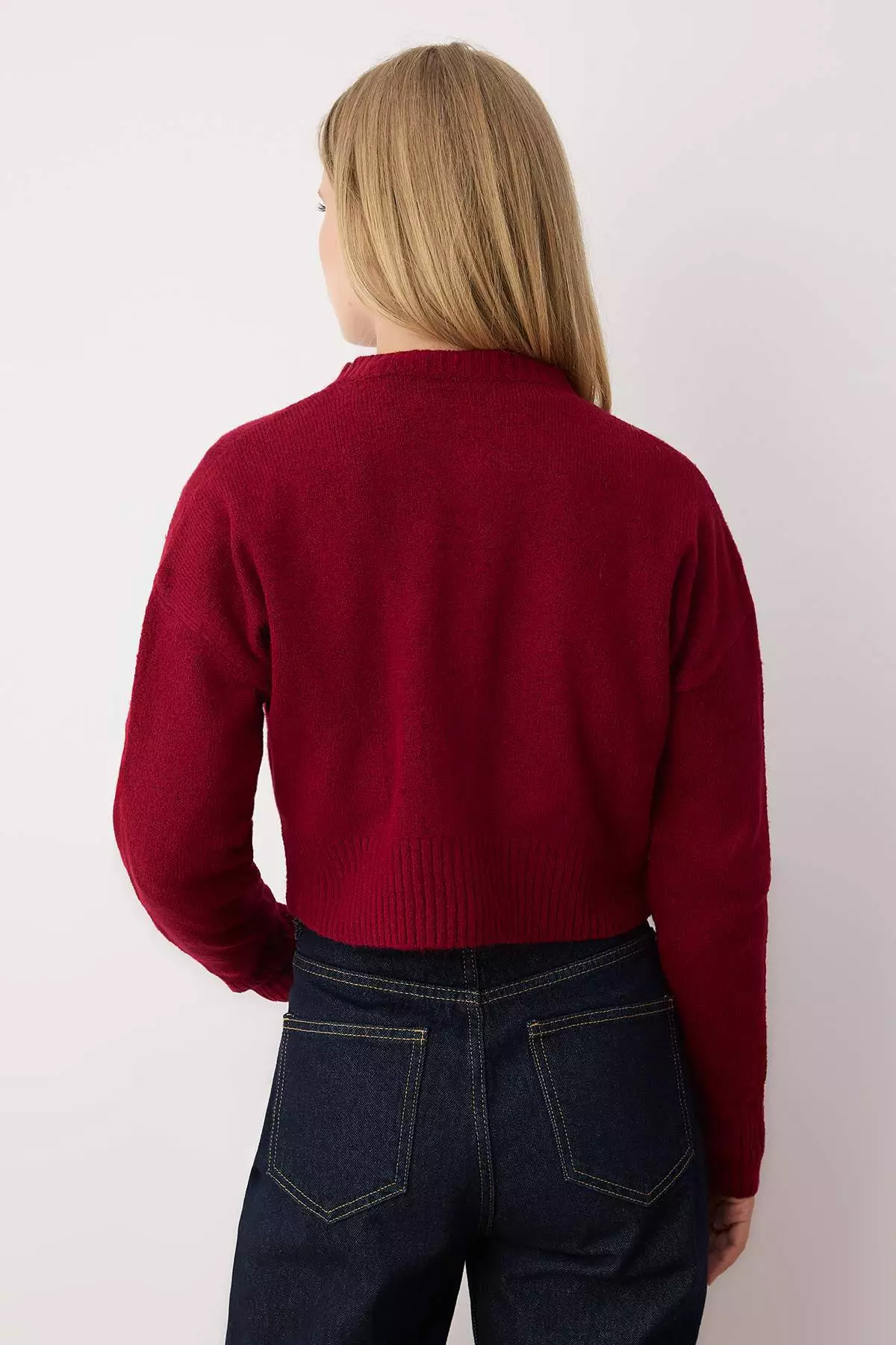 Burgundy Crop Soft Textured Button Knitwear Cardigan