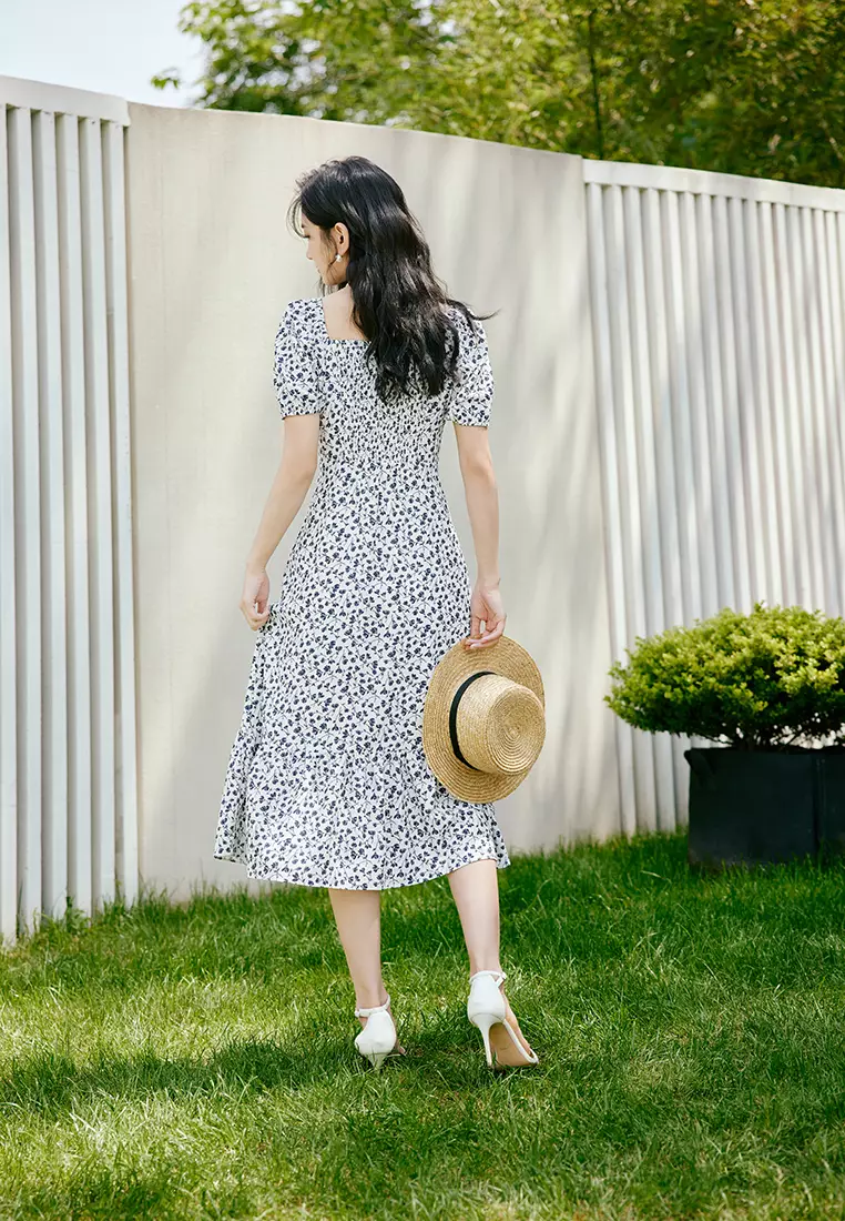 Puff Sleeve Square Neck Summer Floral Midi Dress