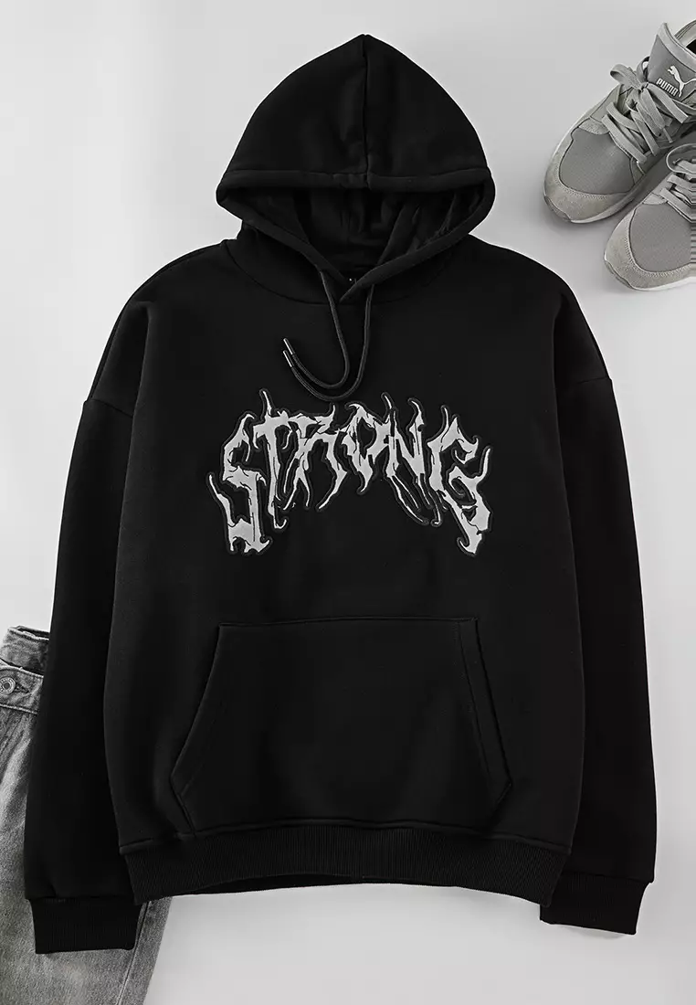 Black Oversize/Wide Cut Fleece Hooded Sweatshirt With Text Embroidery