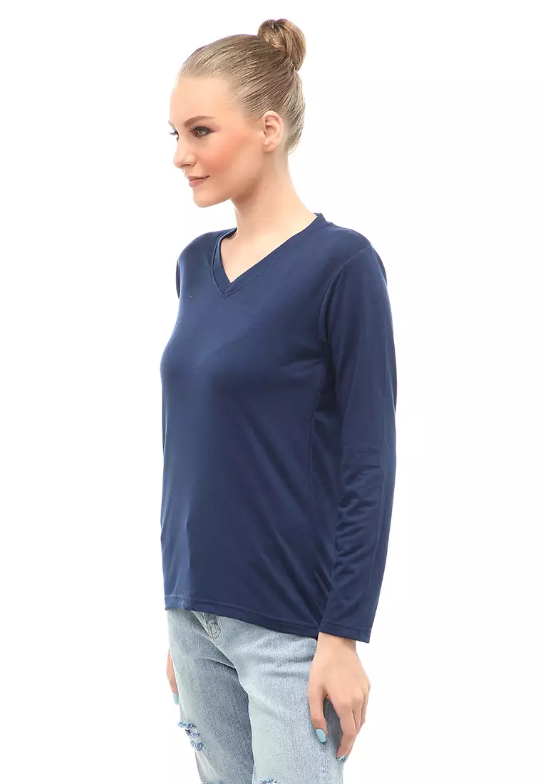 Kaos Polos Atasan Wanita V-Neck Lengan Panjang Design Simple Relaxed Fit - Navy