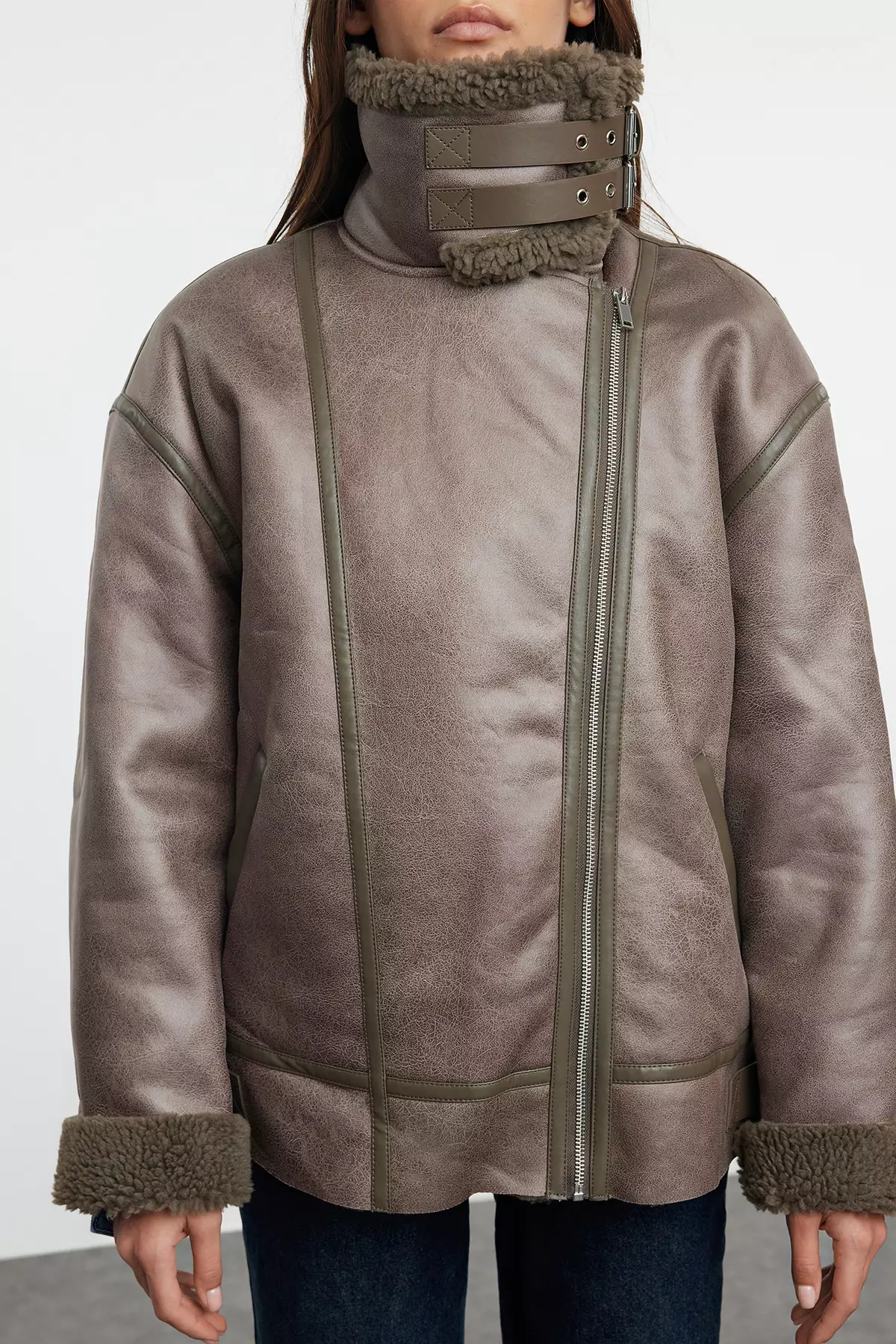 Mink Coat Collar with Belt Detail Plush Suede Biker Jacket Coat TWOAW25MO00011