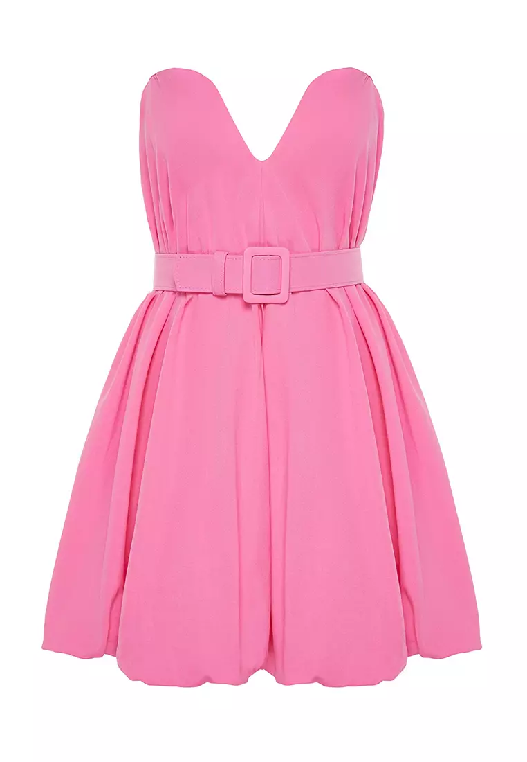 Balloon Poplin Evening Dress Belt Detailed