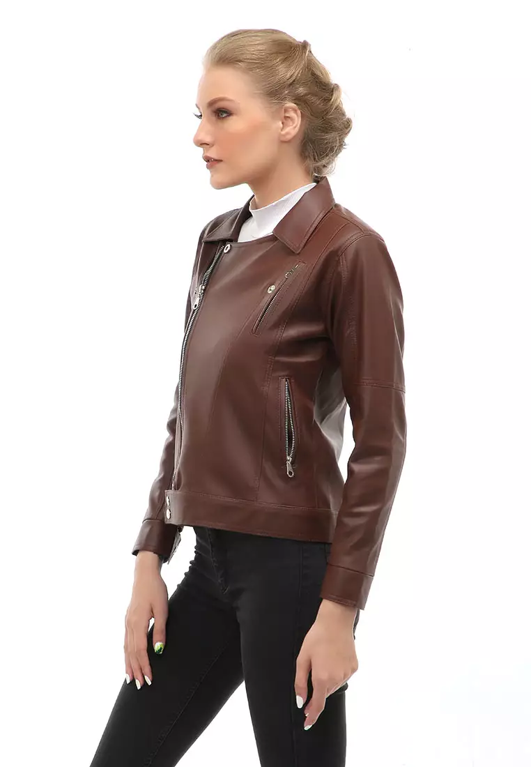 Glenice Jacket Outer Fashion Wanita Zipper Pocket Elegant Design Material Leather ORIGINAL - Brown