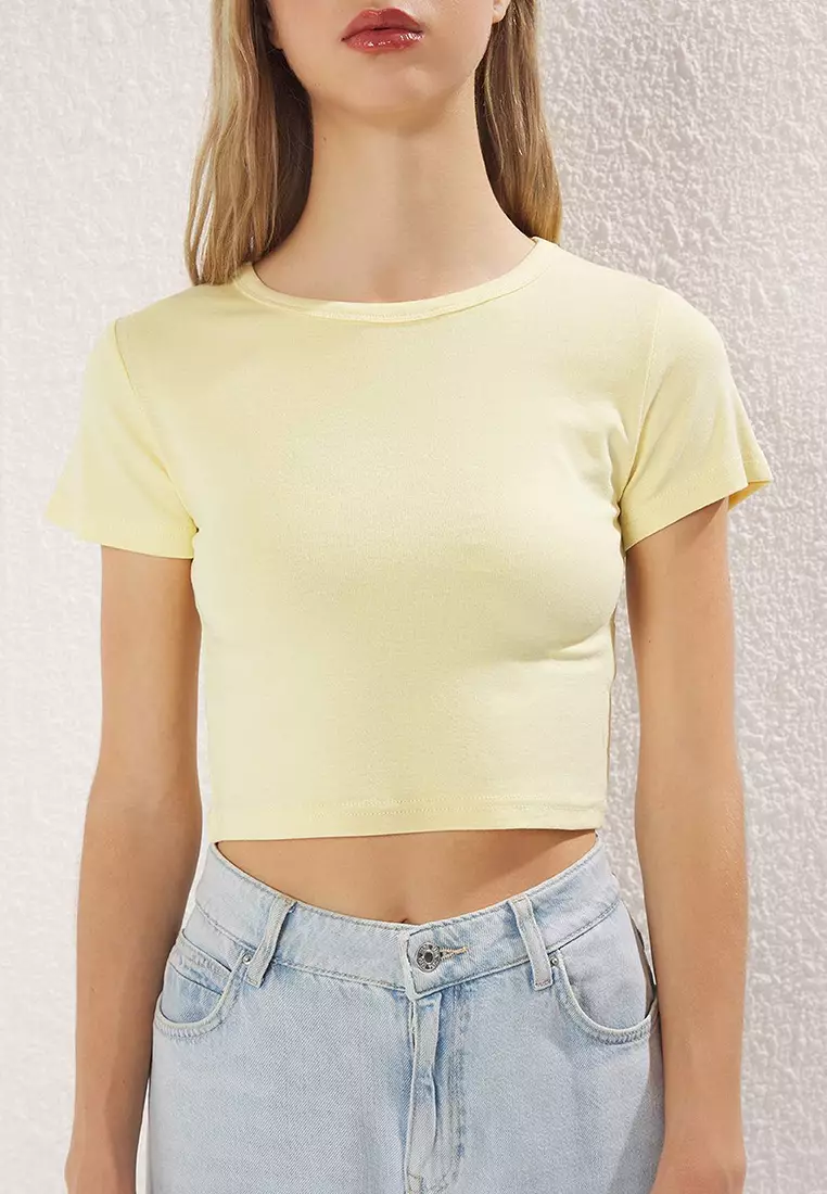 Premium Light Yellow-Black 2'Li Package Crop Soft Fabric Stretchy Knitted Blouse Twoss23Bz00108