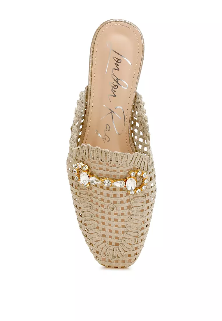 Metallic Woven Diamante Mules in Beige