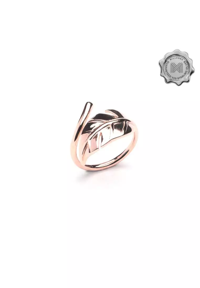 Millennia 2000 Mockup Leaf Curly Rose Gold Adjustable Ring with 925 Sterling Silver