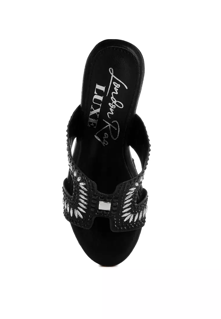 Diamante & Rhinestone Detail Cut-Out Sandals in Black
