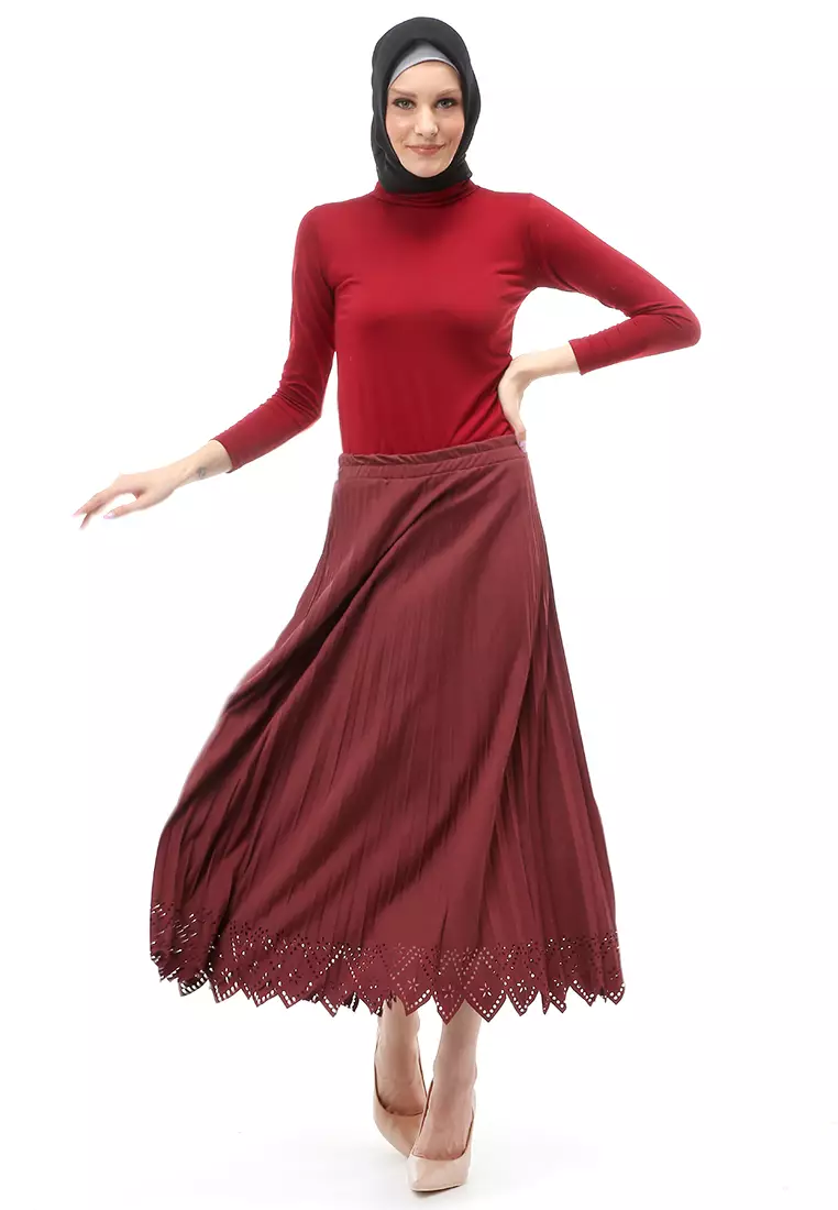 Syafira Rok Plisket Laser Polos Bawahan Wanita Muslimah Premium Quality - Maroon