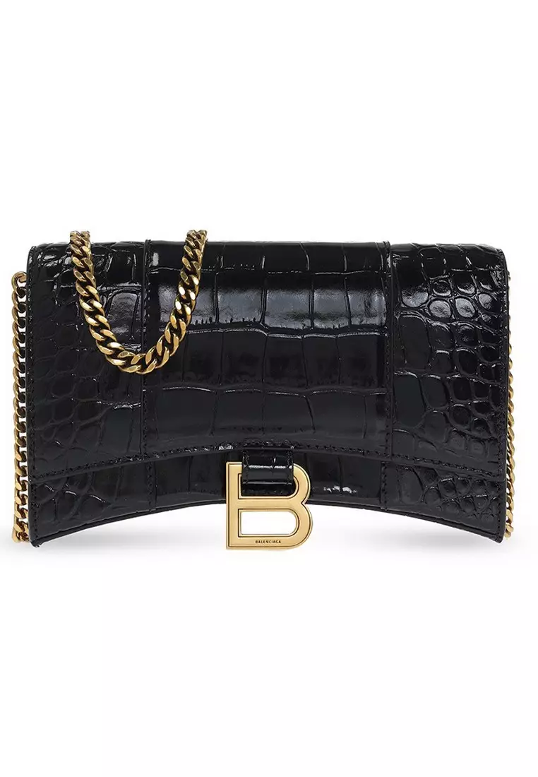 Balenciaga Metallic Shiny Calfskin Crocodile Embossed Hourglass Top Handle Bag Xs Light Gold