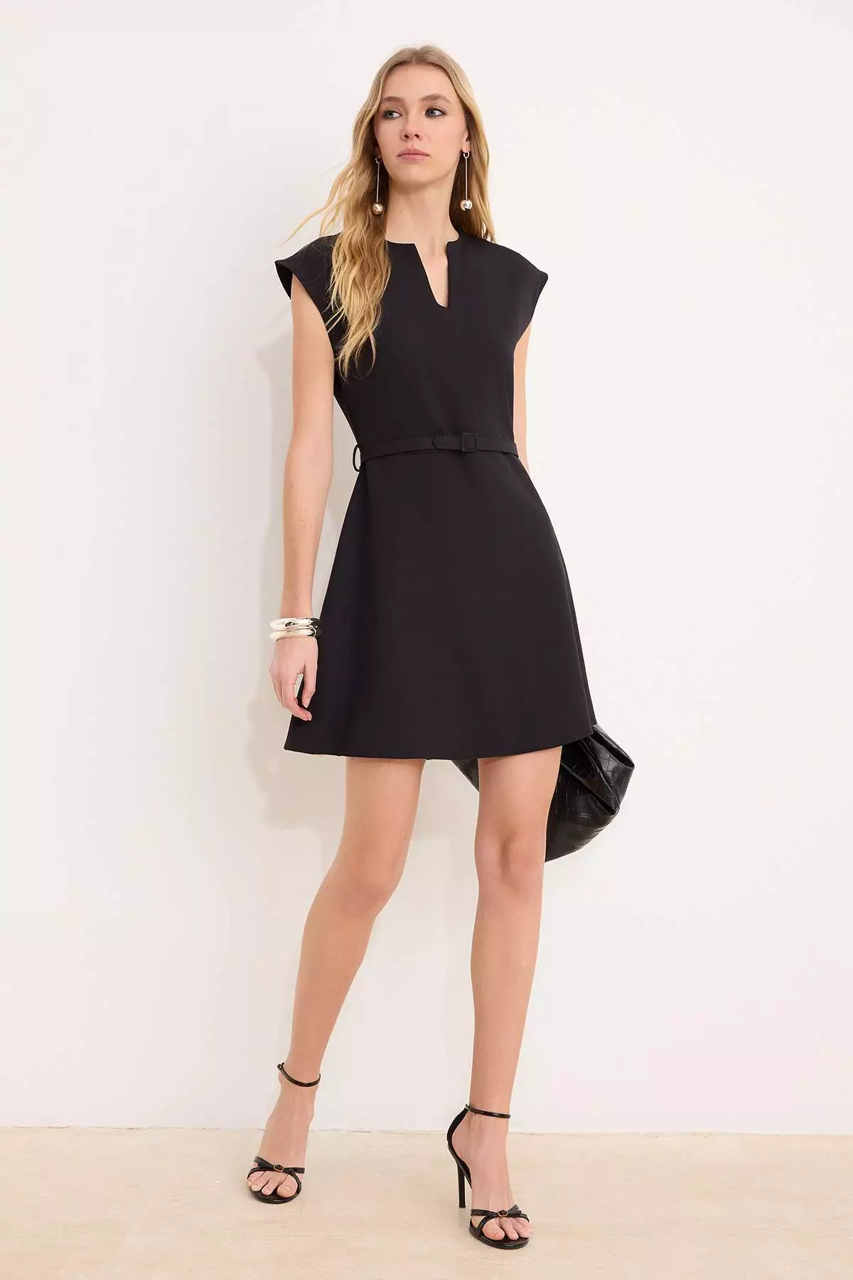 Black Belt Li Skirt Flared From The Waist Mini Stretchy Woven Dress Twoss26El294