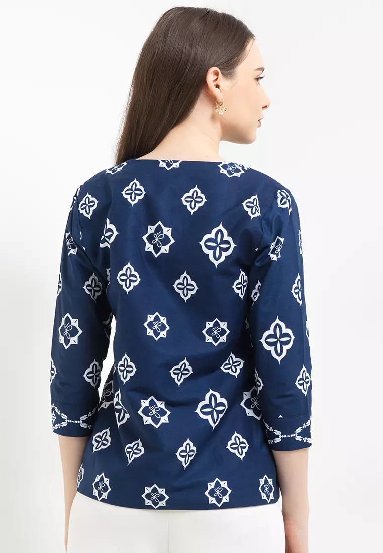 Blouse Atasan Wanita Iskara Katun Lace Lengan Panjang Blue