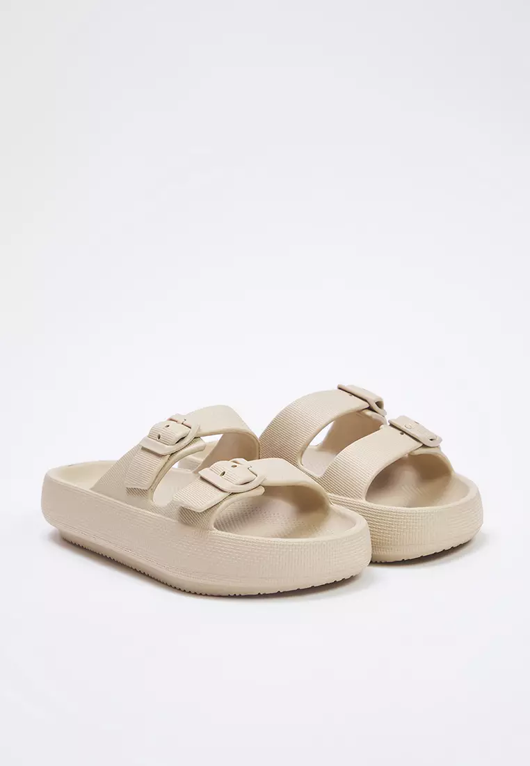 Beige Double Banded Buckle Detailed Light Sole Women's Slippers Takss25Te00019