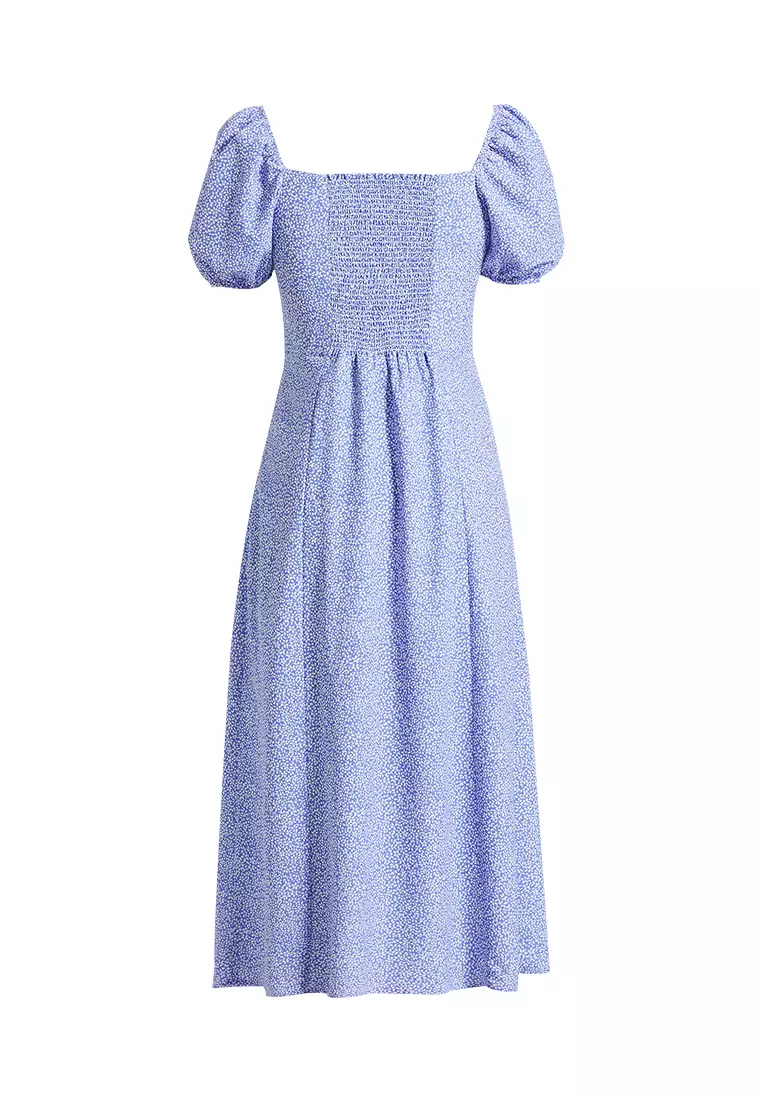 Front Slit Square Neck Floral Midi Dress