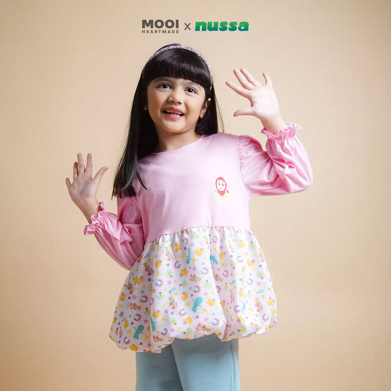 Mooi x Nussa Atasan Anak Perempuan Rarra Ballon Top - Pink Rose