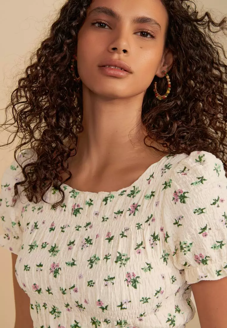 Shirred Puff Sleeve Mini Dress