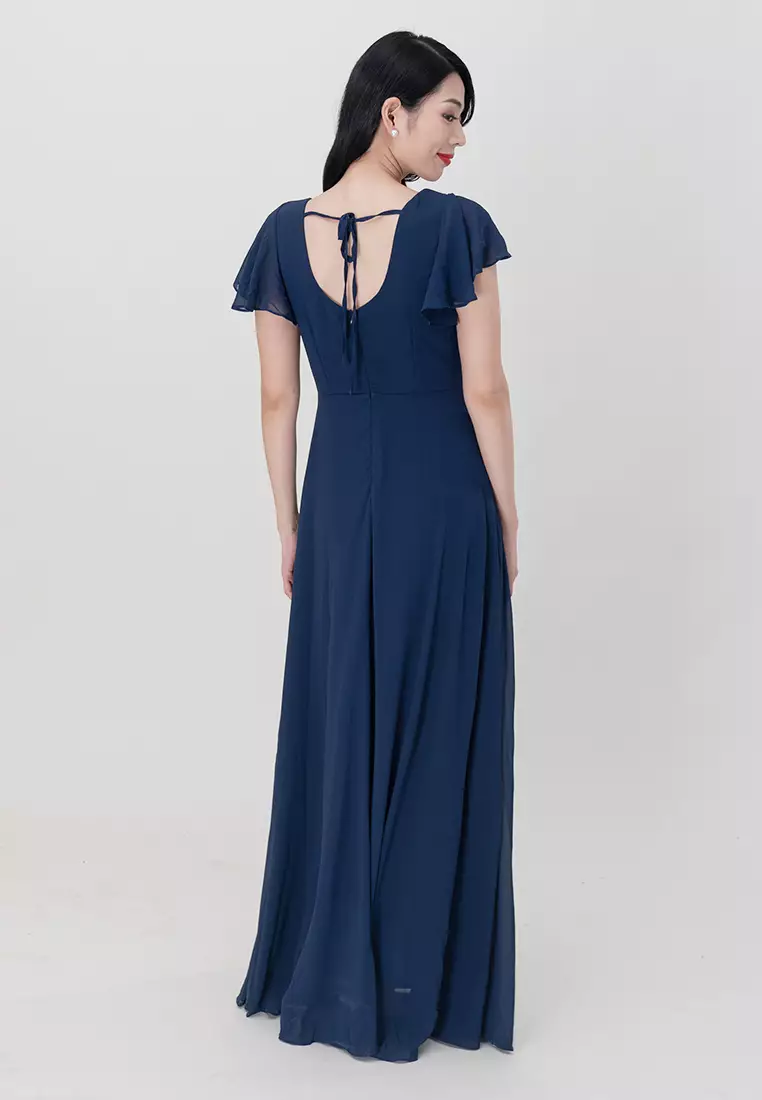 方领雪纺长裙开衩连衣裙