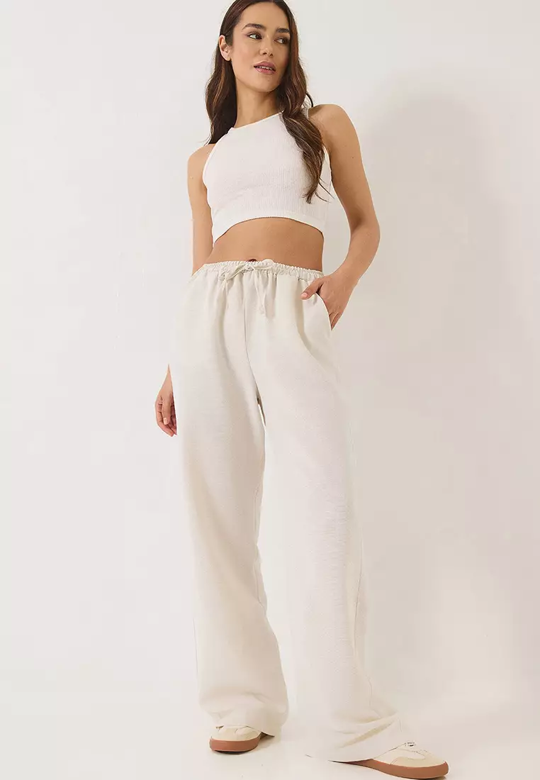 Women's Elastic Waist Pocket Detailed Palazzo Linen Trousers 80182 60271083