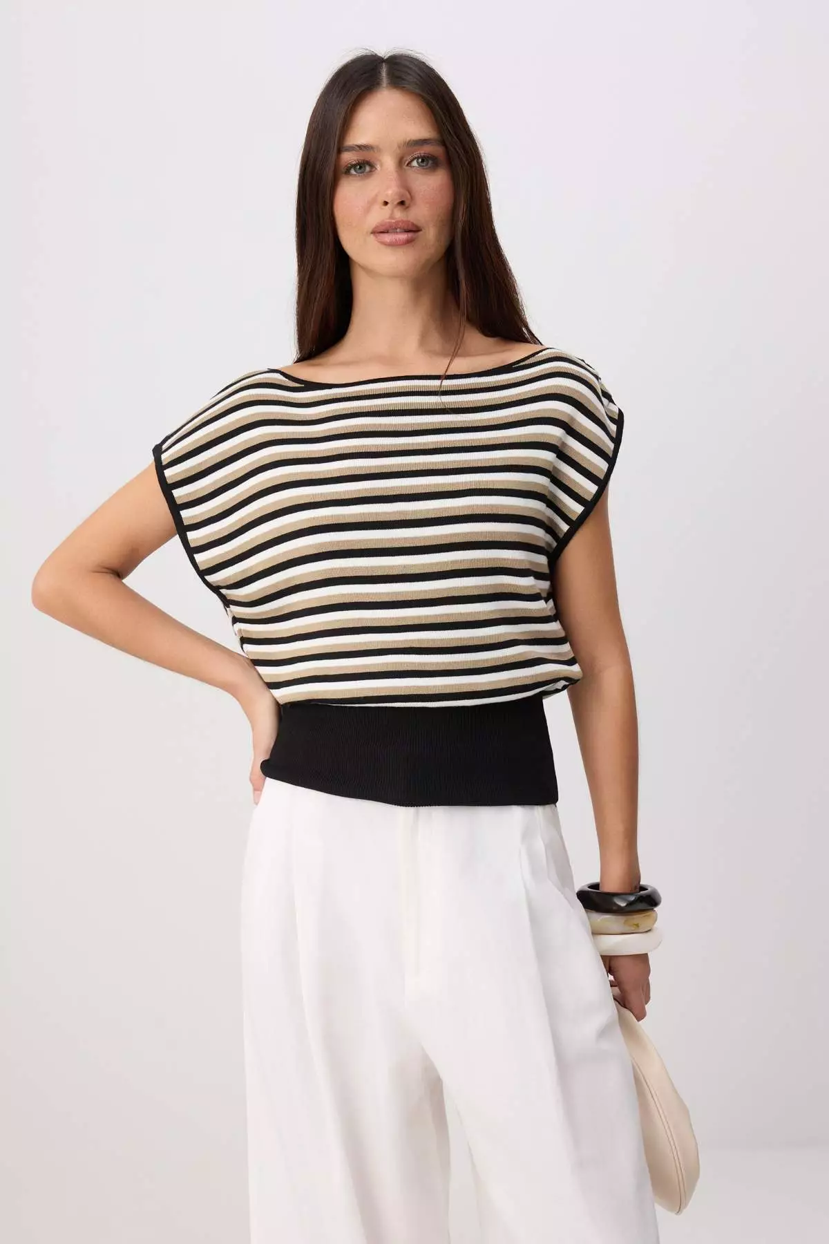 Black Striped Summer Special Yarn Boat Neck Waist Fitted Knitwear Blouse Twoss26Bz00313