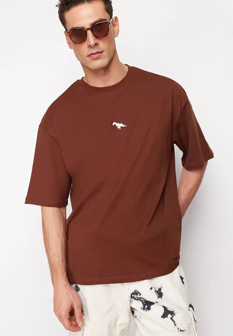 Brown Oversize/Wide Cutting Dinosaur Embroidered 100% Cotton T-Shirt TMNSS23TS00243 TMNSS23TS00243